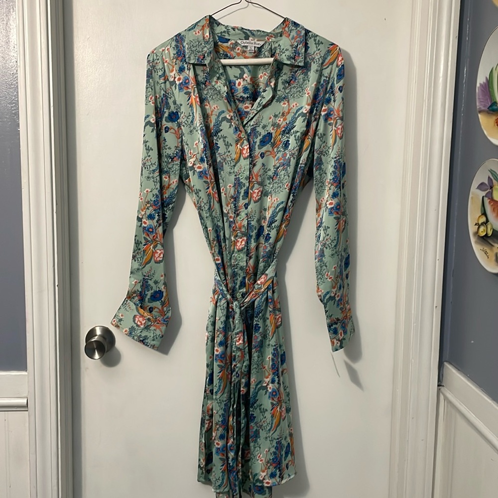 Ophelia Roe Silky Green Printed Flowered Shirt Tie Dress Size Large